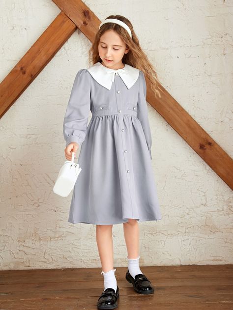 Dress Anak, Statement Collar, Girls Fall Outfits, Puff Sleeve Dress, Contrast Collar, Puffed Sleeves Dress, Dresses Kids Girl, Collar Dress, Girls Clothing