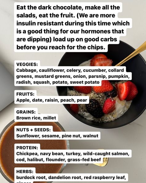 If you’re like me and feel like a psycho 🔪the week before your period, swipe for some tips. These have REALLY helped my sanity: no intermittent fasting days 20-30, eating specific foods that help support my changing hormones, supplementing with vitamins to help my mood and cramps. And I adjust my workouts to still include strength training but lower weights and increased reps. Do you cycle sync? I’d love to know! #cyclesyncing #cyclesyncworkout #cyclesyncingwithfood Foods To Eat Before Period, Wild Caught Salmon, Red Raspberry Leaf, Good Carbs, Navy Bean, Burdock Root, Dandelion Root, Nuts & Seeds, Mustard Greens