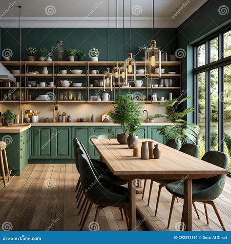 Forest Green Kitchen Walls, Kitchen With Green Walls, Forest Green Kitchen, Green Kitchen Walls, Kitchen Walls, Light Wood Floors, Forest Color, Green Walls, Green Cabinets