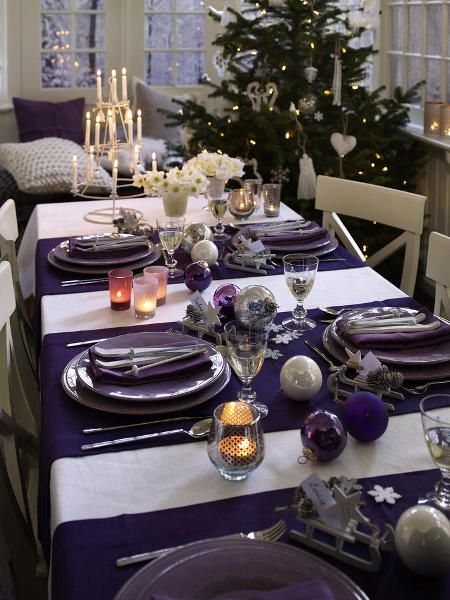 purple and silver christmas table | purple, white and silver table setting for ... | For the Home Beautiful Thanksgiving Table Settings, Thanksgiving Kids Table, Diy Christmas Table, Cute Christmas Decorations, Christmas Dinner Table, Dinner Table Decor, Thanksgiving Table Settings, Thanksgiving Tablescapes, Purple Christmas