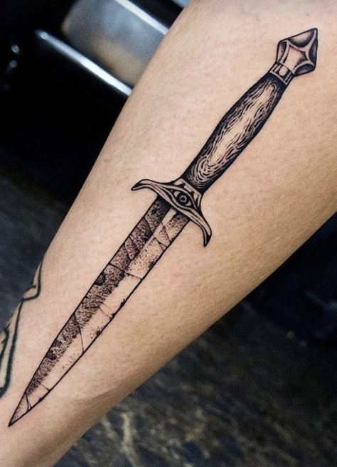 Daggar Tattoo, Gothic Tattoos, Optical Illusion Tattoos, Illusion Tattoos, Shin Tattoo, Small Matching Tattoos, Small Chest Tattoos, Medieval Tattoo, Knife Tattoo