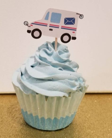 Listing is for set of 12 Cupcake Toppers **PLEASE NOTE PERSONALIZATION IS AVAILABLE ON THIS ITEM, NAME WILL BE PRINTED IN SMALL PRINT ON THE TRUCK.** **IF CHOOSING TO ADD NAME TO TRUCK, PLEASE LEAVE NAME AT CHECKOUT** Mailman Truck, printed on quality cardstock , will be white on back. Super Cute! Postal Worker Retirement Party, Office Retirement Party, Office Themed Party, Office Birthday Party, Retirement Party Favors, Retirement Party Decorations, Retirement Party Invitations, Boy Birthday Party Themes, Truck Birthday