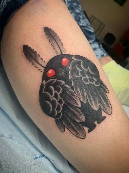 Funny Horror Tattoo, Cryptid Tattoo Sleeve, Cute Mothman Tattoo, Raven Shapeshifter, Bigfoot Tattoo For Women, Moth Man Tattoo, Cryptid Tattoo Ideas, Kawaii Mothman, Cryptid Tattoos