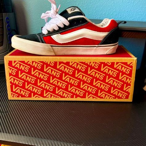 I am selling knu school vans size 9.5 in men colors red and black and true/white Red And Black, The Box, Red Color, Red, Fashion Tips, White, Clothes Design, Color, Black