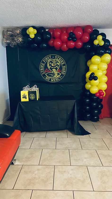 Cobra Kai Party Ideas, Cobra Kai Birthday Party Ideas, Cobra Kai Birthday Party, Cobra Kai Party, Kobra Kai, Karate Birthday, Cheer Banquet, Cobra Kai Dojo, Party Dessert Table