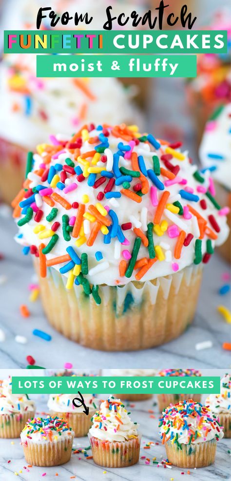 These fluffy and moist homemade funfetti cupcakes are the perfect birthday cupcake! Confetti cupcakes are full of sprinkles and can be topped with any frosting. Learn how to make birthday funfetti cupcakes from scratch with our tips. #funfetticupcakes #cupcakes #funfetticake Moist Confetti Cupcakes, Homemade Confetti Cupcakes, Funfetti Filled Cupcakes, Confetti Cupcakes Homemade, Fun Fetti Cupcakes, Homemade Funfetti Cupcakes, Funfetti Cupcake Recipe, Cupcakes From Scratch, Heavenly Desserts