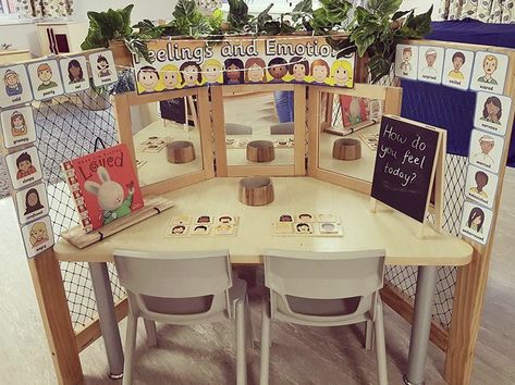 Emotions Area Eyfs, Preschool Aesthetic, Mindfulness Corner, Mirror Activity, All About Me Eyfs, Preschool Set Up, September Preschool, Reception Classroom, Emotions Preschool