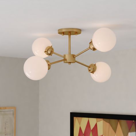 Orbit Brass Industrial Sputnik Semi Flush Mount Ceiling Light White Glass - Bed Bath & Beyond - 36590393 Entryway Light Fixtures, Mid Century Modern Lighting, Glass Globes, Semi Flush Lighting, Semi Flush Mount Lighting, Barn Lighting, Opal White, Guest Bath, Flush Ceiling Lights