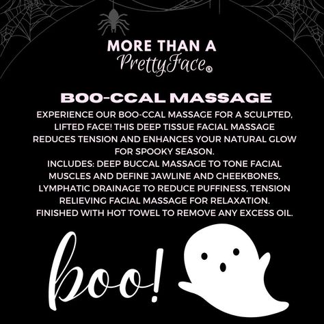 🎃👻October Specials👻🎃 🖤 SPOOKY SCRUB HEADSPA $110 👻GHOST FACIAL $100 💀BOO-CCAL MASSAGE $90 🎃PSL FACIAL $80 🦇FANG TASTIC TEETH WHITENING $95 👻✨ Spooky Scrub Head Spa ✨👻 This October, indulge in the ultimate relaxation with our Spooky Scalp Scrub Head Spa! 🖤 Let your worries melt away while we treat your scalp to a deep cleansing and rejuvenating experience with a spooky twist! ✨👻Ghost Facial – Float Into Radiance!✨👻 This October, experience a hauntingly beautiful glow with our exclusive Ghos... October Massage Specials, Esthetician Life, Esthetician School, Head Spa, Scalp Scrub, Reduce Tension, Facial Muscles, Hauntingly Beautiful, Facial Massage