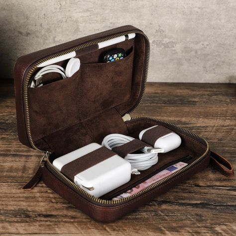 Tech Organizer, Leather Travel Accessories, Tech Organization, Leather Kits, Crafted Bag, Cord Ties, Electronics Accessories, Accessories Bag, Organizer Bag