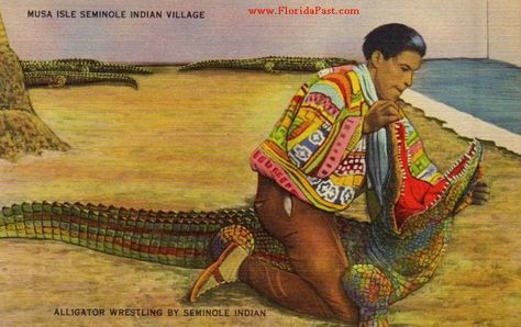 seminole indian alligator wrestling florida Seminole Indians, Night Circus, Indian Village, Crocodiles, Patchwork Designs, Vintage Prints, Childhood Memories, Alligator, Sketch Book