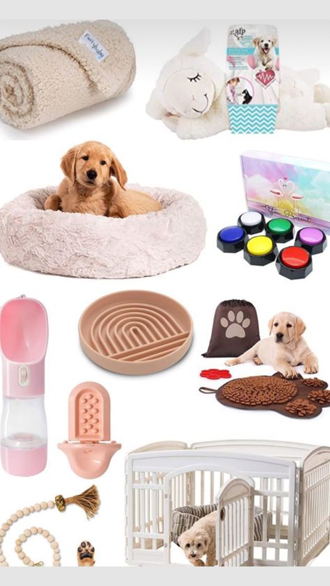 Small Dog Decor, Dog Owner Essentials, Essentials For Puppy, Minimalist Dog Supplies, Small Dog Necessities, Must Have Puppy Essentials, Pink Puppy Supplies, Puppy Bags For New Owners, Aesthetic Puppy Accessories