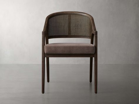 With a softly curved back, rattan caning, and chic flared legs, our Aimee Dining Collection is thoughtfully crafted to capture the styles of both classic French antiques and iconic midcentury modern designs. Each frame is made from solid oak wood paired with a generously upholstered cushion resulting in welcoming comfort that complements any aesthetic. Dark Brown Dining Chairs, Brown Dining Chairs, Rattan Cane, Oak Dining Chairs, Fabric Swatch, Chair Types, Upholstered Fabric, Silhouette Crafts, Dining Arm Chair