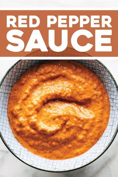 Our favorite Roasted Red Pepper Sauce! Top it on eggs, potatoes, sandwiches, pizzas, burgers, salads, bowls, and beyond. YUM. #sauce #vegan #bowl | pinchofyum.com Pinch Of Yum, Roasted Red Pepper Sauce, Romesco Sauce, Red Pepper Sauce, Green Sauce, Roasted Red Pepper, Raw Almonds, Crispy Potatoes, Plum Tomatoes