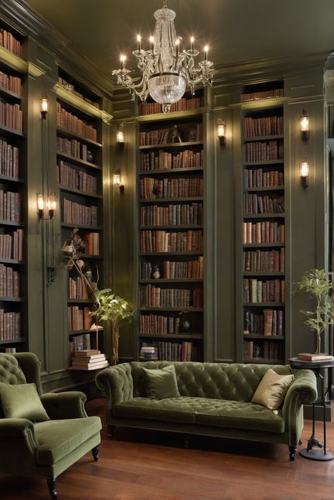 Can I Indulge in Midnight Magic with Sage Green and Espresso Library Love [2024]? #Ad #homedecor #homedesign #fixhome #Painthome #interiorarchitecture Deep Green Library, Green Classic Living Room, Green Velvet Couch Library, Sage Green Library Room, Cottage Core Library Room, Olive Green Library, Dark Green Built In Bookcase, Olive Green Bookshelf, Monochromatic Library