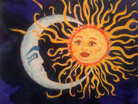 Sun And Moon Mural, Celestial Sun And Moon Art, Moon And Sun Painting, Sun And Moon Face, Door Painting, Trippy Drawings, Sunshine Girl, Soft Pastel Art, Sun Painting