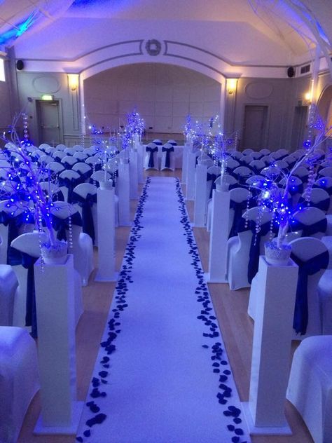 Royal Blue Wedding Venue Ideas, Royal Blue And White Wedding Decorations, White And Royal Blue Wedding, Royal Blue Wedding Decorations, Sky Blue Wedding, Wedding Decorations Diy Centerpiece, Royal Blue Wedding Theme, Unique Event Decor, Wedding Tent Decorations