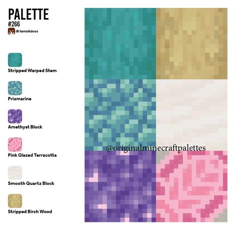 Minecraft Dark Interior Design, Minecraft Color Palette Prismarine, Minecraft Colourful Builds, Minecraft Building Color Palette, Minecraft One Block Island Ideas, Minecraft Block Palette Dark, Minecraft Colorful Houses, Minecraft House Color Palette, Minecraft Palates