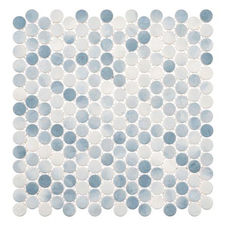 Wayfair Tile, Blue Penny Tile, Beach Farmhouse, Mosaic Kitchen, Mosaic Backsplash Kitchen, Basement Finishing, Penny Tile, Shore House, Round Tiles