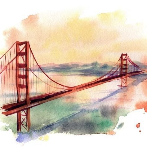 Golden Gate Watercolor, San Francisco Bridge Drawing, San Francisco Watercolor Painting, Golden Gate Bridge Watercolor, Watercolor San Francisco, Golden Gate Bridge Drawing, Watercolor Bridge, Golden Gate Bridge Painting, Bridge Watercolor