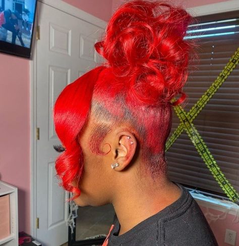 #updo Red Braided Ponytail For Black Women, Red Hair Updo Black Women, Red Updo Hairstyles For Black Women, Red Ponytail Hairstyles For Black Women, Red Ponytail, Red Hair Updo, Flame Hair, Bun With Curls, Barbie Ponytail