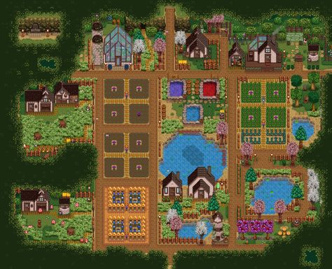 Stardew Valley Forest Farm Design, Stardew Expanded, Forest Farm Layout, Stardew Layout, Farm Layouts, Stardew Farm, Stardew Farms, Forest Farm, Stardew Valley Layout