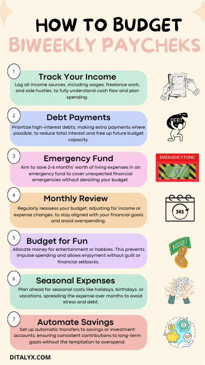 Biweekly budgeting infographic with seven essential steps for managing money on a biweekly paycheck. Includes tips on tracking income, prioritizing debt, creating an emergency fund, budgeting for fun, and automating savings. Perfect for low-income earners looking to save money and stay organized. How To Save Money On A Low Income, Bill Chart, Savings Plan Biweekly, Biweekly Savings Plan Low Income, Biweekly Savings Plan, Weekly Savings Plan, Biweekly Saving, Biweekly Budget, Saving Methods