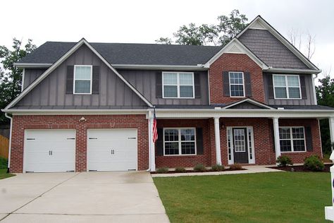 Red Brick House With Grey Siding, Outdoor Upgrades, Purple Houses, Brick House Exterior Makeover, Brick Exteriors, Farmhouse Paint Colors Interior, Red Brick House Exterior, Red Brick Exteriors, Home Styles Exterior