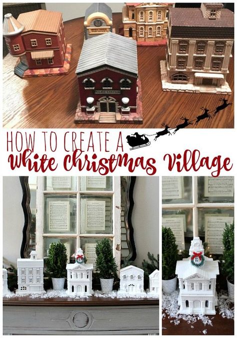 How to create a white Christmas village, a snowy little town at Refresh Restyle White Christmas Village, Rustic Christmas Decorations, Diy Christmas Village, Christmas Village Houses, House White, Christmas Village Display, A White Christmas, Christmas Villages, Christmas Decorations Rustic