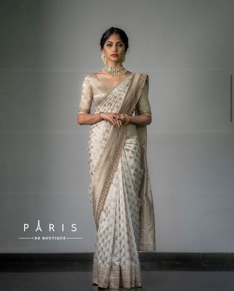 Onam Fashion, White Saree Wedding, Christian Bridal Saree, Off White Saree, Hand Embellishment, Bridal Sarees South Indian, Simple Saree Designs, Cotton Saree Designs, Latest Bridal Dresses