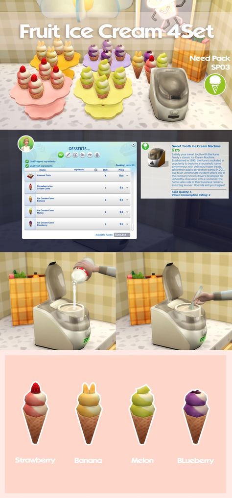 April 2024 Recipe_Ice Cream 4 Set | Patreon Sims 4 Ice Cream Machine Cc, Sims 4 Ice Cream Cc, Sims 4 Cc Fridge Patreon, Sims 4 Functional Food, Sim4 Furniture, Sims4 Food, Sims Food, Sims 4 Cheats, Sims 4 Kitchen