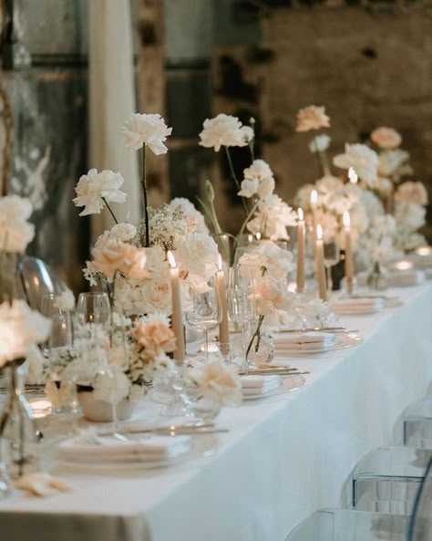 Dior Garden, Flowers And Candles, Wedding Table Designs, All White Wedding, Wedding Table Flowers, Neutral Wedding, Wedding Table Decorations, Long Table, Wedding Table Settings