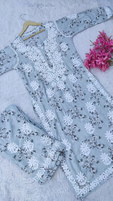 Modal Chikankari Set, Ethnic Wear, Party Wear Set, Lucknowi Chikankari , Handmade Kurta Set Chikan Kurta, Chikankari Dress, Pakistan Dress, Kurta Palazzo Set, Simple Hand Embroidery Patterns, Chikankari Suits, Lehnga Dress, Lucknowi Chikankari, Short Kurti