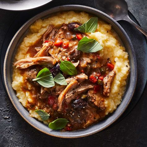 This rustic stew cooks all day in the slow cooker so you can come home to a comforting, hot dinner. Not a fan of polenta? Try this healthy chicken dinner over pasta instead. Mediterranean Diet Chicken, Polenta Recipes, Healthy Chicken Dinner, Chicken Cacciatore, Nutrition Education, Slow Cooker Chicken, Flavorful Recipes, Healthy Chicken, Polenta