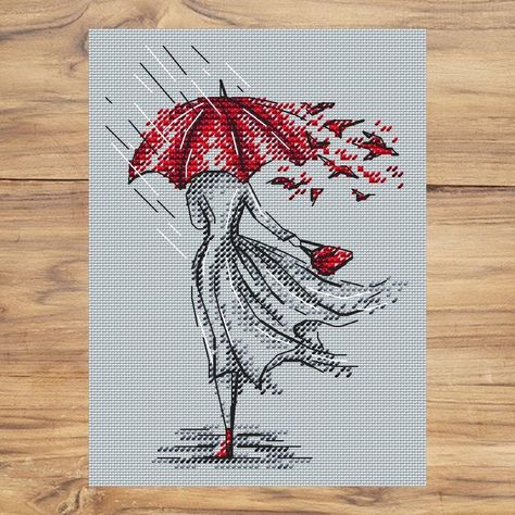 embroidery patterns Unique Cross Stitch Patterns, Umbrella Embroidery, Silhouette Embroidery, Stitch App, Red Cross Stitch, Cross Stitch Silhouette, Cross Stitch Beginner, Diy Broderie, Red Umbrella