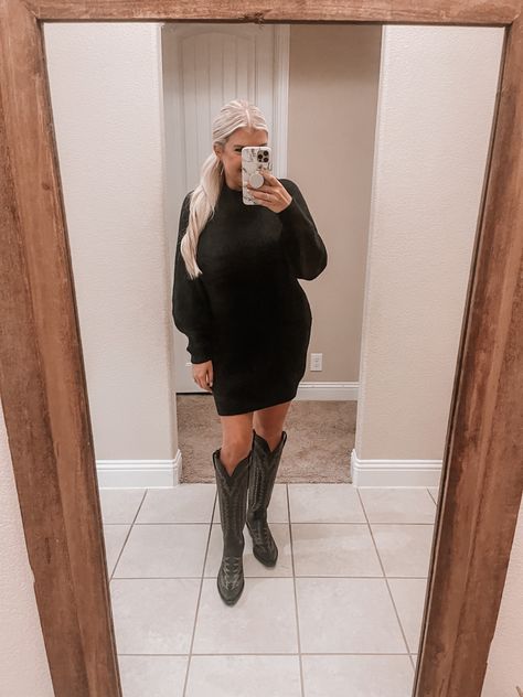 Sweater Dress With Cowboy Boots, Dress With Boots Fall, Fall Cowboy Boot Outfits, Tall Cowboy Boots Outfit, Ootd 2022, Olive Sweater Dress, Outfit Cowboy Boots, Boots For Work, Outfit Cowboy