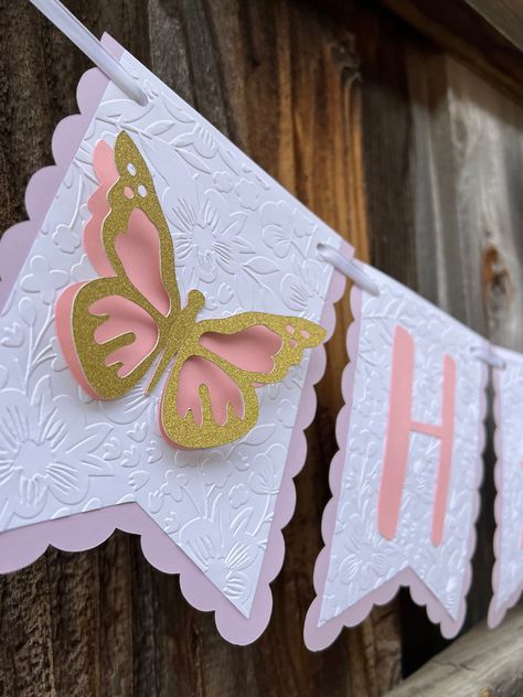 "Decorate your party with this beautiful banner. This banner is perfect for all ages. BANNER DETAILS: This Banner is made with two layers of cardstock and white satin ribbon. Each pennant measures 5 inches wide and 6 inches tall. The white pennant is embossed with a floral pattern. Two layered 3-D butterflies on the ends of \"Happy\". Each banner pennant can be moved and spaced to your liking.  CUSTOM ORDERS: Need different colors? I am able to make this banner in any color combination you would Butterfly Happy Birthday, Butterfly Banner, Cricut Banner, Cat Themed Parties, Butterfly Party Decorations, Cat Themed Birthday Party, Cat Cupcakes, How To Make Cupcakes, Cat Birthday Party