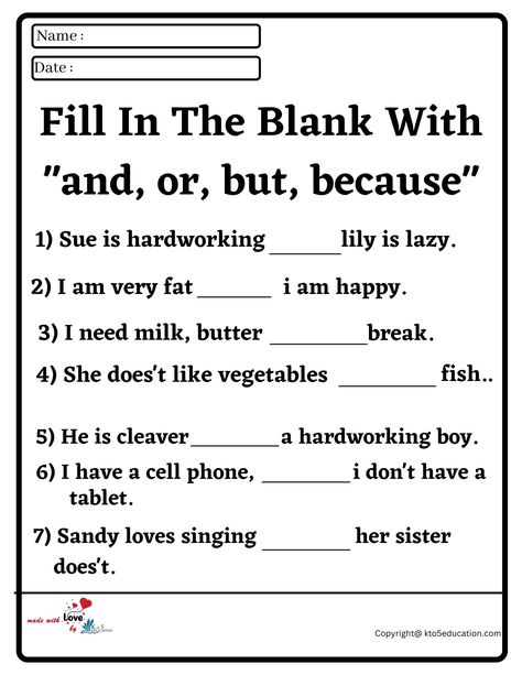 Fill In The Blank With and, or, but, because Worksheet 2 | FREE Download  Check more at https://kto5education.com/fill-in-the-blank-with-and-or-but-because-worksheet-2/ Birds Kindergarten Activities, Birds Kindergarten, Homeschooling 2nd Grade, Conjunctions Worksheet, Comprehension Kindergarten, Types Of Nouns, Kindergarten Colors, Reading Comprehension Kindergarten, English Worksheets For Kindergarten