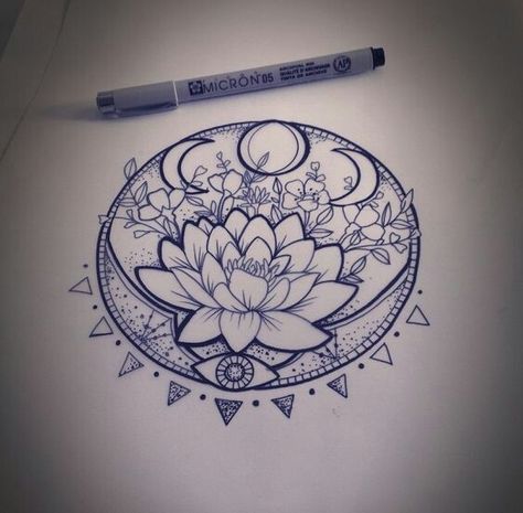 Lotus and moon phase tattoo Mandala Arm Tattoo, Tato Mandala, Dotwork Tattoo Mandala, Lotusblume Tattoo, Muster Tattoos, Geniale Tattoos, Mandala Tattoo Design, Lotus Tattoo, Hand Tattoo