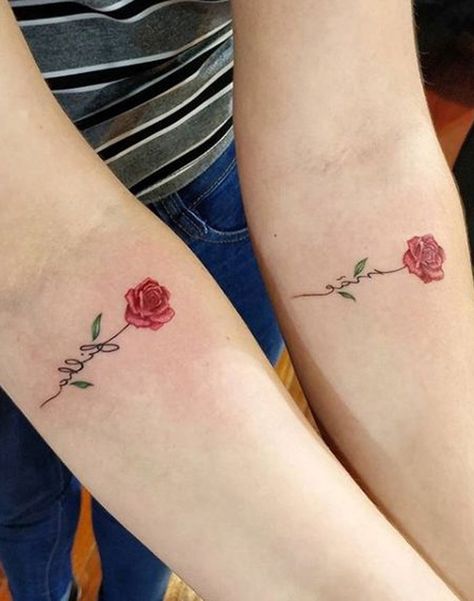 Flower Sister Tattoos, Tattoo Placements, Matching Best Friend Tattoos, Rose Tattoos For Women, Small Rose Tattoo, Flower Tattoo Arm, Bff Tattoos, Matching Tattoo, Best Friend Tattoos