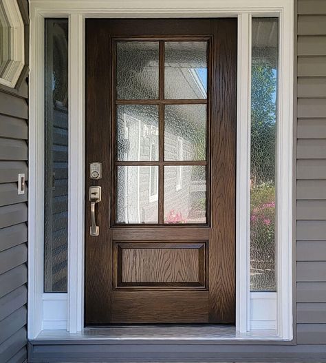 Beveled Glass Doors Front Entry, Single Door With Sidelights, Single Entry Door With Side Lights, Fiberglass Exterior Doors With Sidelights, Wooden Door With Side Glass Panel, Front Door Systems, Craftsman Style Front Doors, 3/4 Door Privacy Glass With Clear Sidelights, Arched Front Door