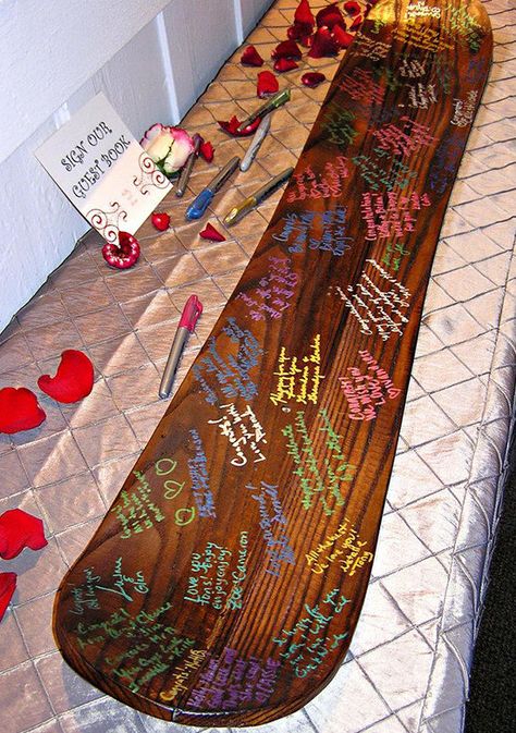 For the adrenaline junkie couple, have your friends and family sign your snowboards and then take them on your romantic skiing honeymoon! Found on RevJeriMurphy.com Snowboard Wedding Ideas, Snowboard Guest Book, Display Skateboard, Snowboarding Wedding, Unique Guest Book Ideas, Snowboard Wedding, Ski Wedding, Ski Party, Guest Book Ideas