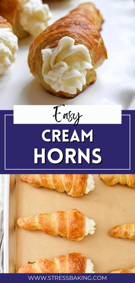 Cream Fillings Pastry, Creme Filled Croissants, Creamhorn Recipe, Filling For Cream Horns, Cream Horn Recipe, Cream Filled Croissant Recipe, Cream Horns Filling, Puff Pastry Horns Recipe, Cream Filled Horns