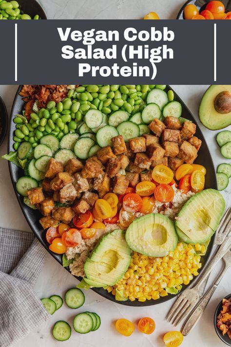 This Vegan Cobb Salad is a plant-based version of the classic Cobb. Made with tempeh, coconut bacon, tofu cheese, loaded with veggies, and drizzled with oil-free dressing, and served on romaine. Vegan, oil-free, gluten-free. ‍#easy #meals #quick #howto #recipes #meatlessmonday #meatless #meatlessmeals #nomeat #vegan #glutenfree #oilfree #sugarfree #plantbased #oilfreevegan #sugarfreevegan #glutenfreevegan #wfpb #forksoverknives #catholic #catholiclife #theplantbasedcatholic #atelizabethstable Vegan Cobb Salad, Salad High Protein, Tofu Cheese, Salt Free Recipes, Classic Cobb Salad, Black Bean Soup Recipe, Plant Based Recipes Dinner, Coconut Bacon, Plant Based Dinner