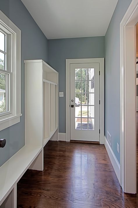 Nimbus Gray Benjamin Moore Nimbus Gray, Hallway Paint, Blue Gray Paint Colors, Blue Gray Paint, Oak Trim, Trending Paint Colors, Favorite Paint Colors, Grey Paint Colors, Favorite Paint