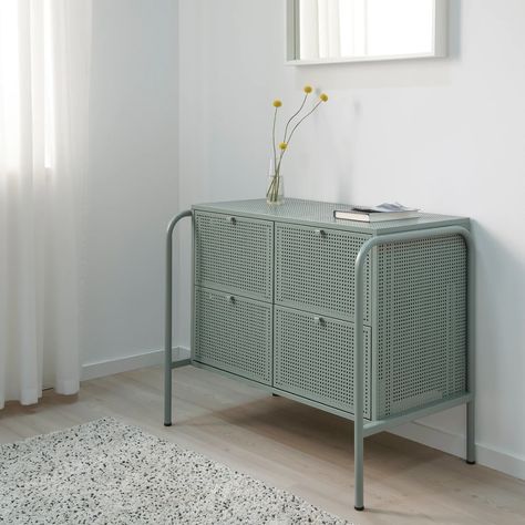 NIKKEBY 4-drawer dresser - gray-green - IKEA Dresser Ikea, Bedroom Products, Nyc Apt, White Chest Of Drawers, Bedroom Redesign, Ikea Dresser, 4 Drawer Dresser, Design Line, Perforated Metal