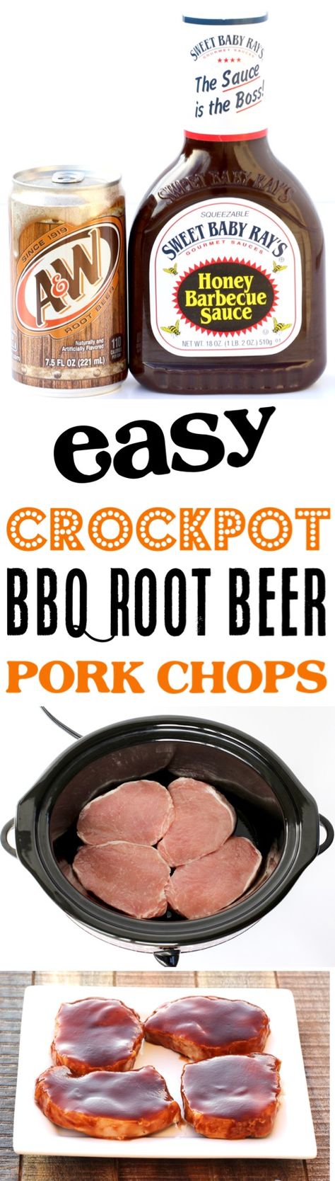 Crockpot Pork Chops!  This Easy BBQ Root Beer Slow Cooker Pork Chop Recipe is sweet and savory, and the perfect Crock Pot dinner for those busy weeknights!  Just 4 Ingredients and you're done! Root Beer Pork, Easy Crockpot Pork Chops, Clean Crockpot Recipes, Slow Cooker Pork Chops Recipes, Crock Pot Dinner, Bbq Pork Chops, Pork Chop Recipe, Chicken Crockpot Recipes Easy, Crockpot Ideas