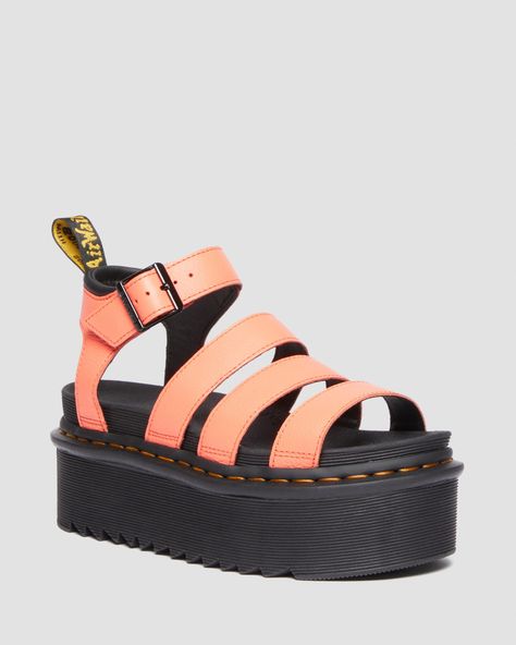 Blaire Pisa Leather Platform Strap Sandals in Coral | Dr. Martens Dr Martens Blaire, Dr Martens Sandals, Chelsea Boots Heel, Statement Sandals, Patent Boots, Sandal Platform, Goodyear Welt, Ankle Straps, Boots For Sale