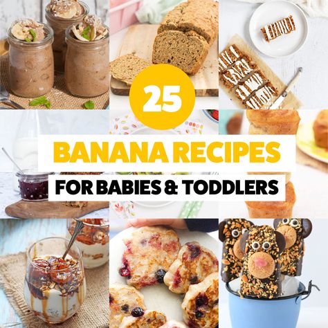 25 Banana Recipes for Babies and Toddlers - The best kids snacks ever!!! - Baby Led Feeding Veggie Bread, Starter Food, Carrot Pancakes, Baby Led Weaning Breakfast, Oats Porridge, Banana Baby Food, Weaning Baby, Blw Recipes, Veggie Nuggets