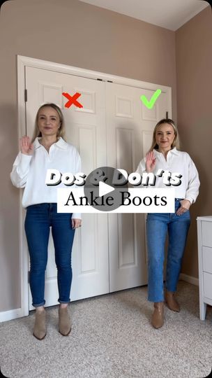 59K views · 931 reactions | ‼️Dos & Don’ts with ankle boots ‼️
Outfits linked in bio/ltk/or ask for a link here.

💡Keep in mind the length of the bottoms. You want to “slightly hide” the beginning of the boots for a smooth transition in the whole look
Jeans: ankle cut, boot cut, flare, wide leg

General tip for closet maximization: don’t throw away the very low ankle boots- they are perfect for longer jeans. We all have them from 2014.

Coats: you can create a winner outfit with ankle boots if go all monochrome/hide under the bottoms

Skirts: maxi, mini with matching tights. You want to blend in the bottoms & shoes together.

Pants/leggings: should color match to maintain a good balance/ can tuck in if the right width of pants/follow the same guidance as with jeans
#ankleboots #dosanddont Black Jeans Taupe Boots Outfit, Outfits For Boots Women, Boots With Short Pants, Professional Outfits Women With Boots, Casual Jeans And Boots Outfit, Blue Jeans Black Knee High Boots Outfit, Maroon Ankle Boots Outfit, Tan Ankle Boots Outfit Work, Closet Maximization